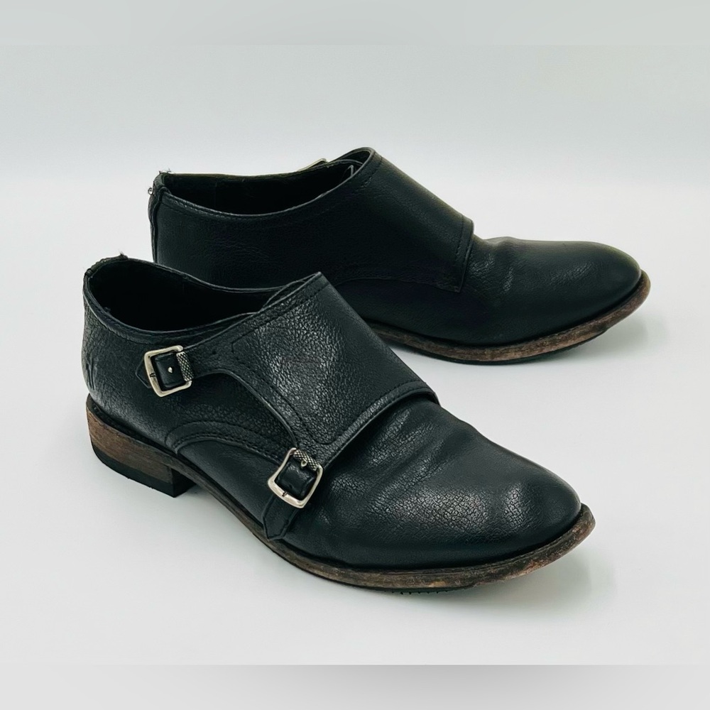 Frye ‘Ethan’ Black Double Monk Strap Buffalo Leather Shoes Size 7 1/2